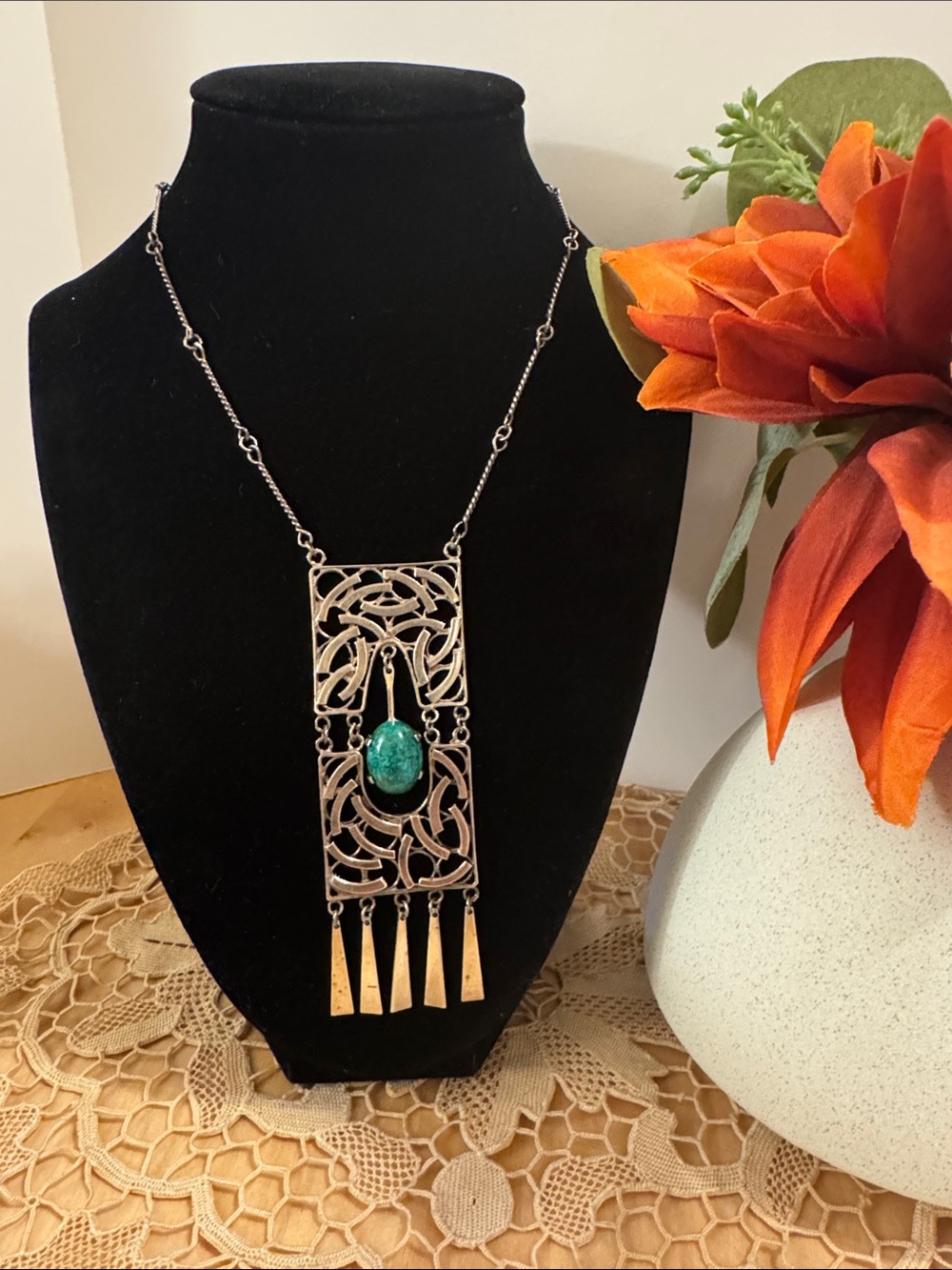 Art deco style Israel Eliat  stone sterling silver filigree pendant necklace
